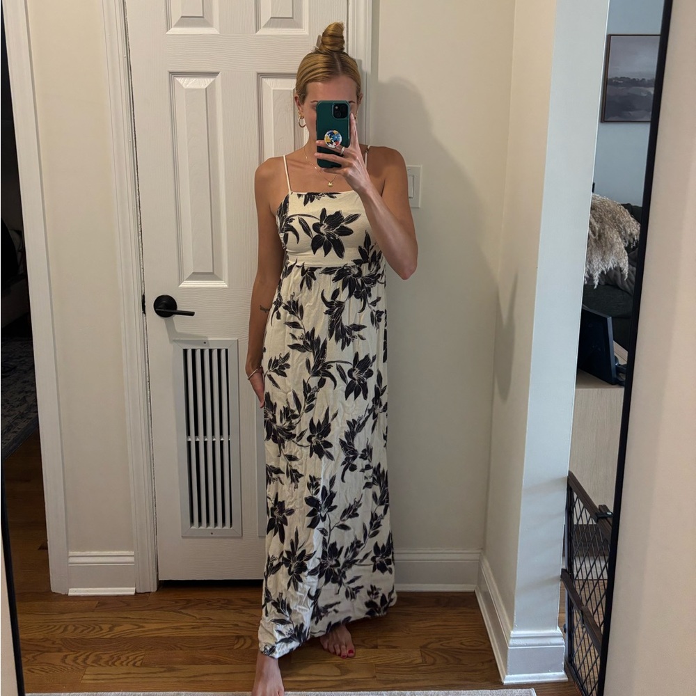 Monteu Los Angeles black and cream floral linen maxi dress
